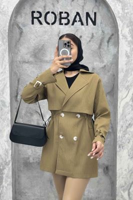 ترنچ کت کمرگت دار آستین سگک سانتانا میله ای