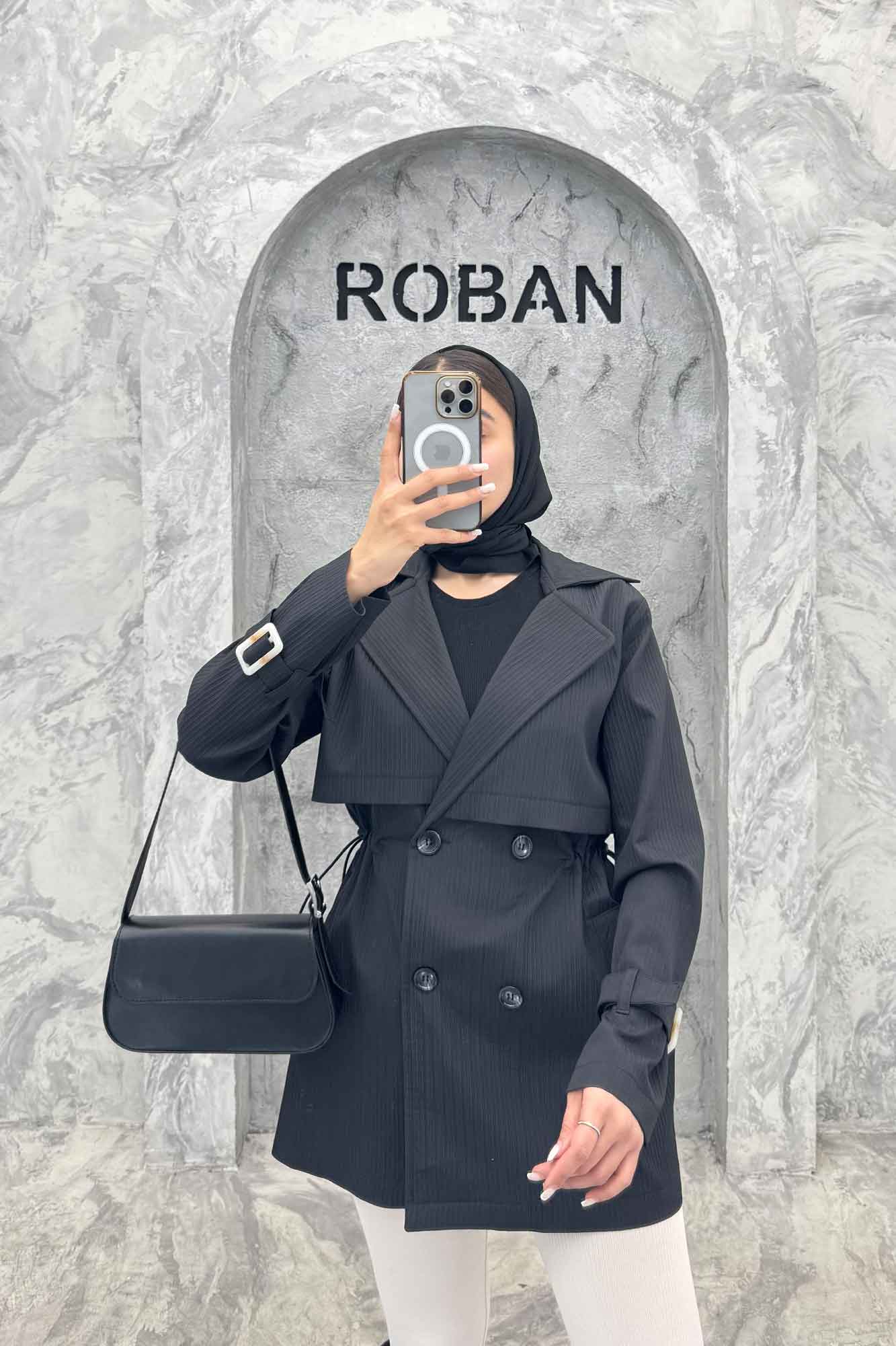 ترنچ کت کمرگت دار آستین سگک سانتانا میله ای