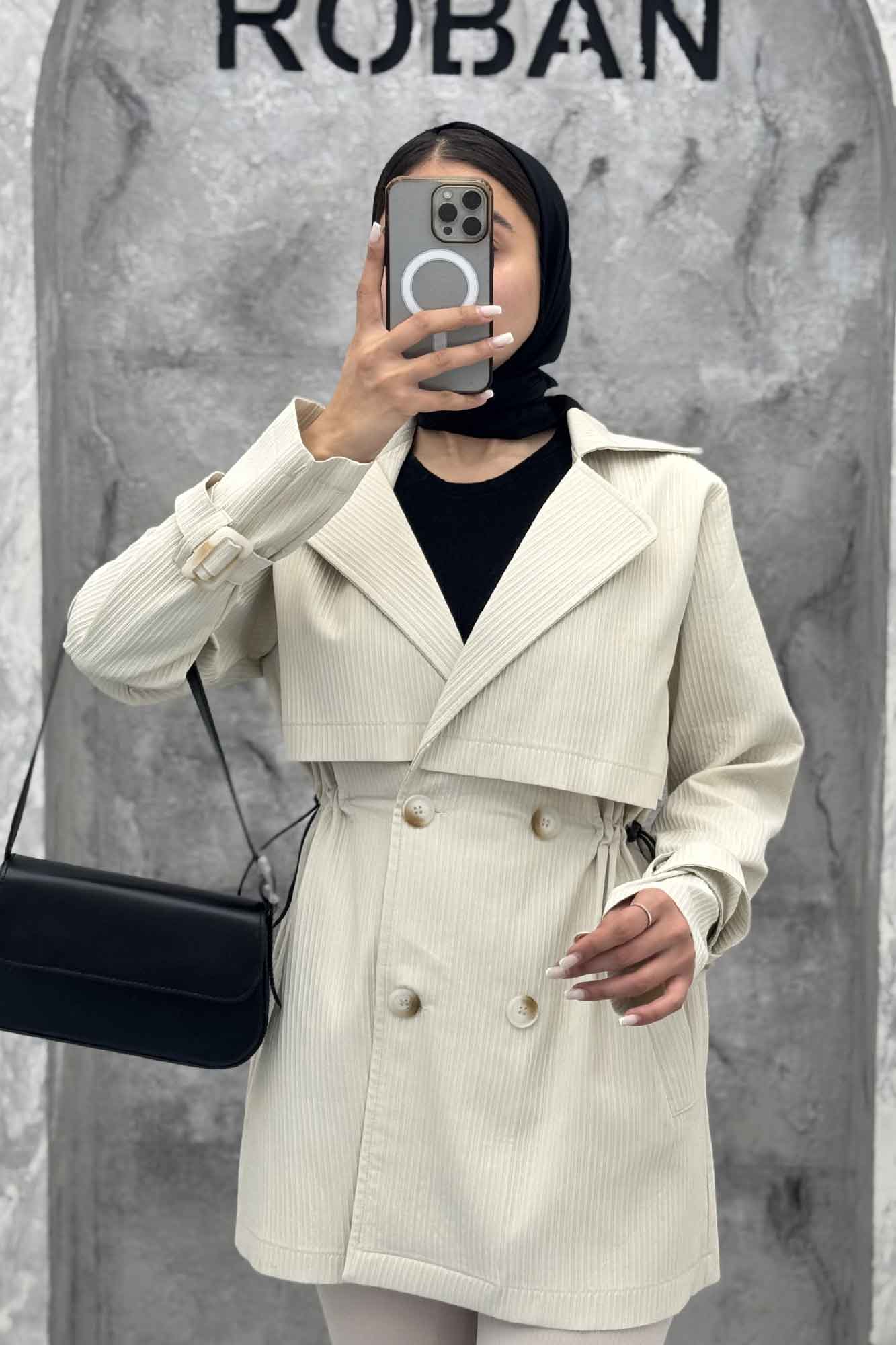 ترنچ کت کمرگت دار آستین سگک سانتانا میله ای