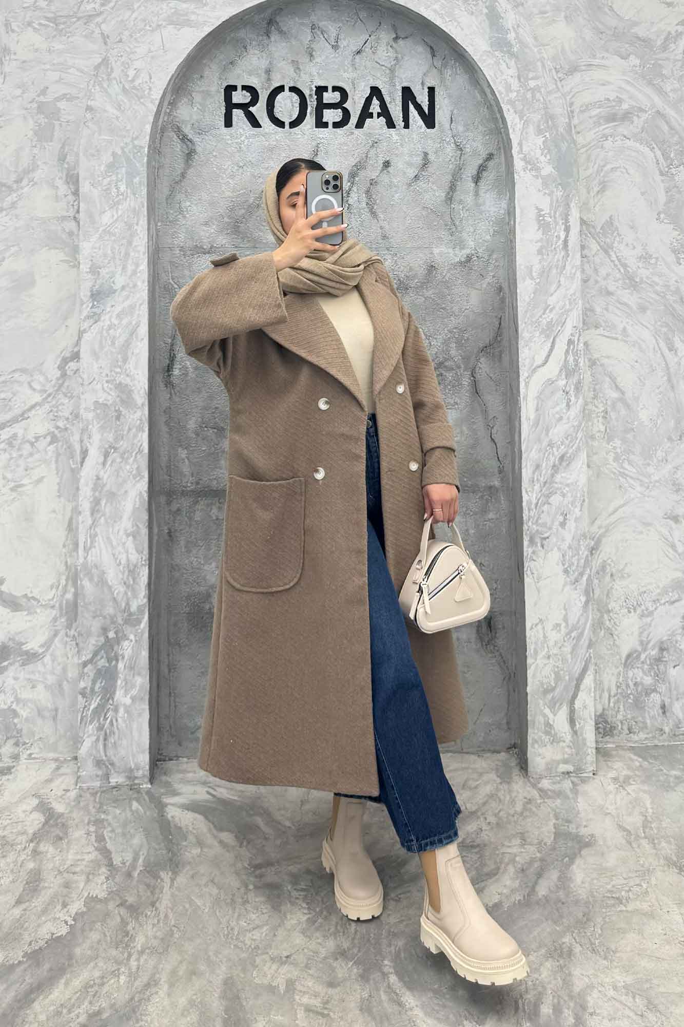 پالتو فوتر کجراه برجسته دو جیب هلال آمور