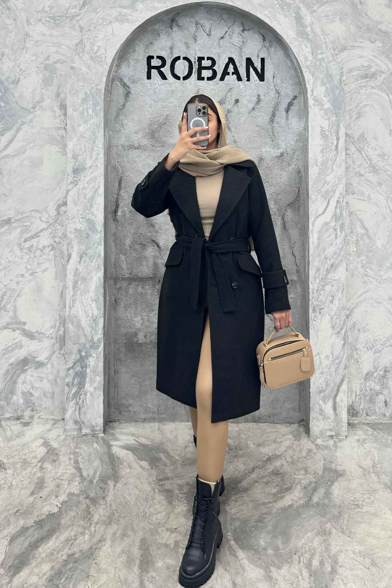 پالتو فوتر بلند کجراه برجسته کمربنددار دلارا