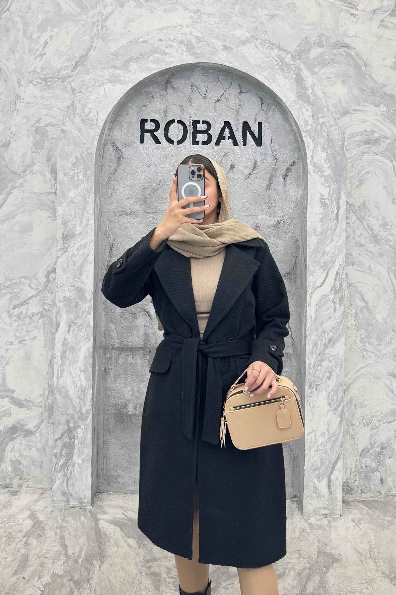 پالتو فوتر بلند کجراه برجسته کمربنددار دلارا