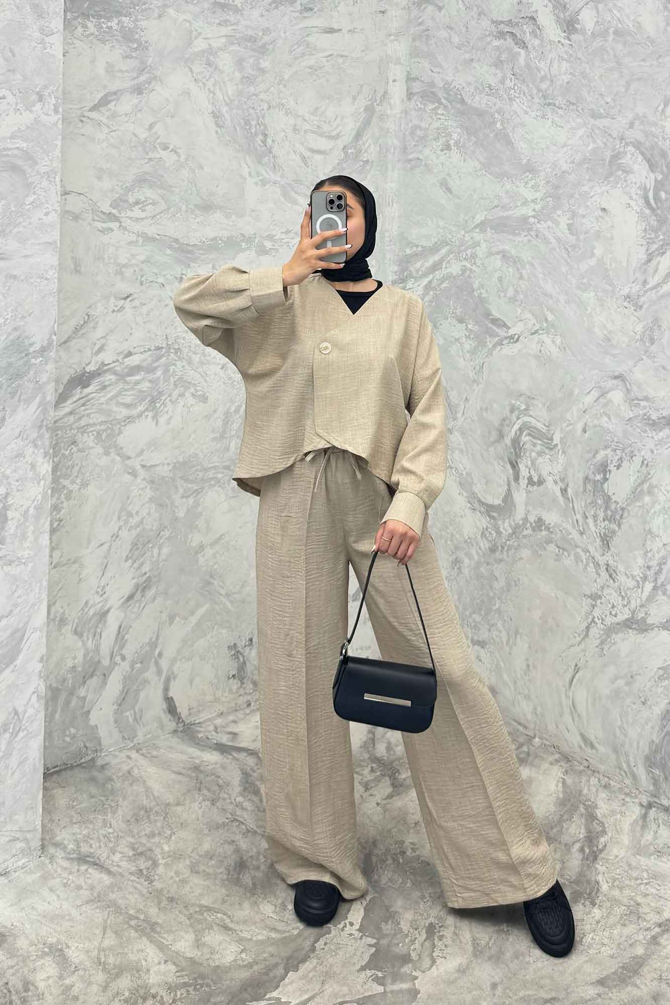 ست رویه و شلوار شانتون تک دکمه لمیس