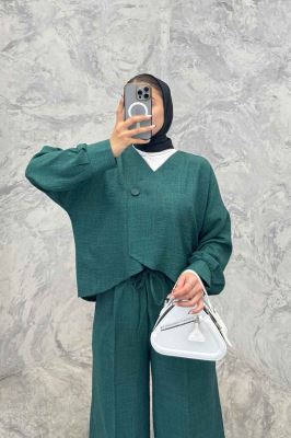 ست رویه و شلوار شانتون تک دکمه لمیس