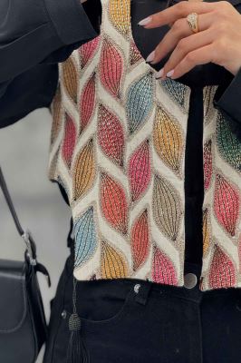 جلیقه لینن سنتی منگوله دار بغل U