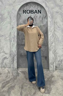 بلوز یقه بلیطی دو دکمه کرسپو سر آستین کش