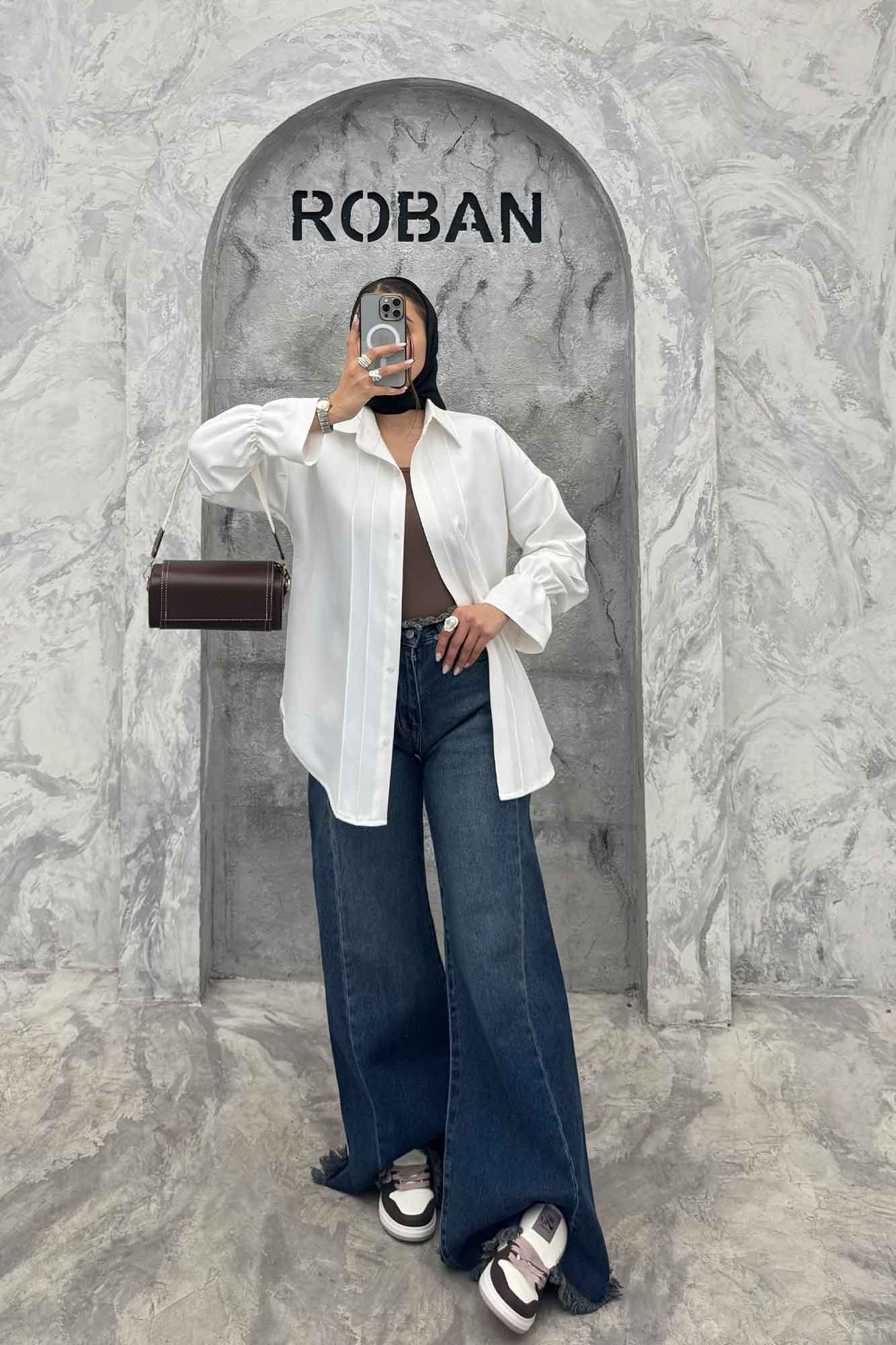 شومیز مانتویی خط دار آستین عروسکی 