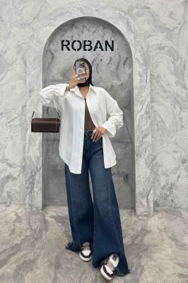 شومیز مانتویی خط دار آستین عروسکی 