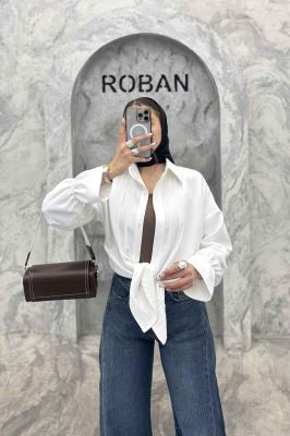 شومیز مانتویی خط دار آستین عروسکی 