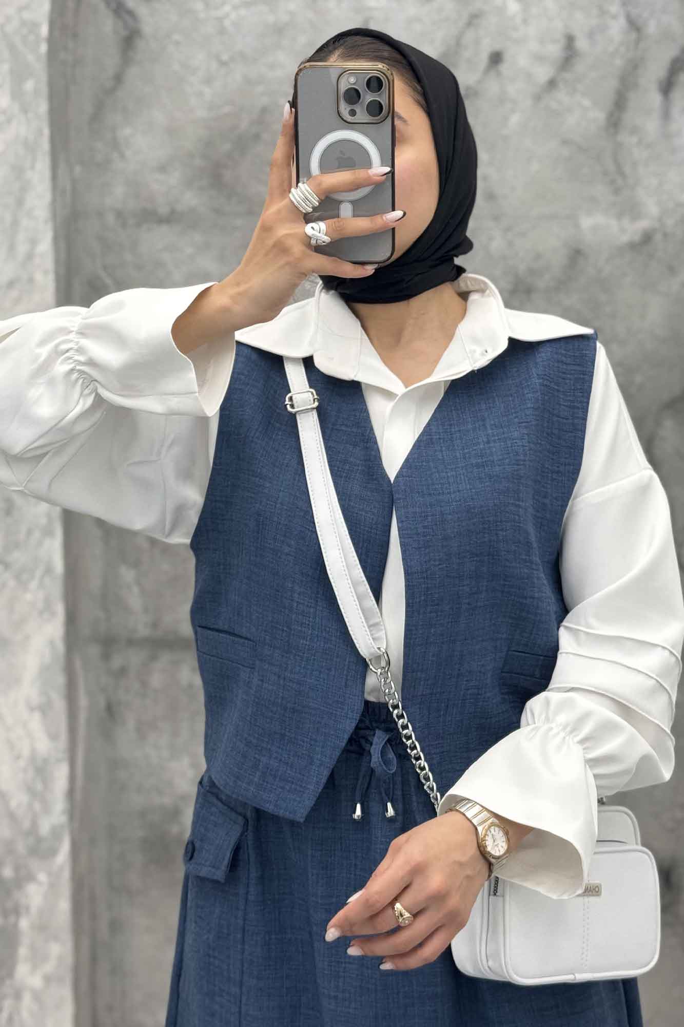 ست جلیقه و دامن شانتون تک جیب پاکتی