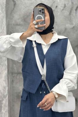 ست جلیقه و دامن شانتون تک جیب پاکتی