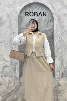 ست جلیقه و دامن شانتون تک جیب پاکتی