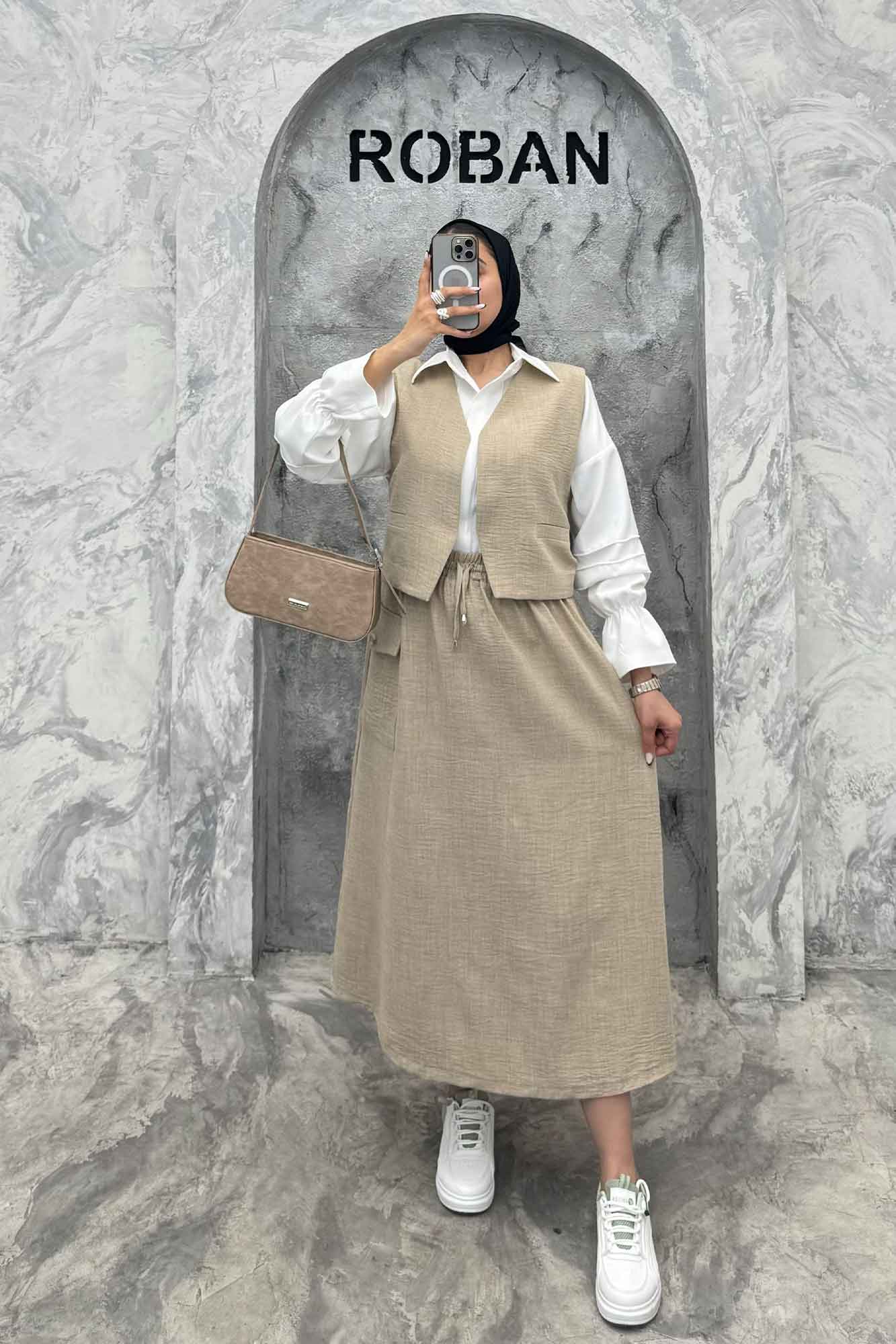 ست جلیقه و دامن شانتون تک جیب پاکتی