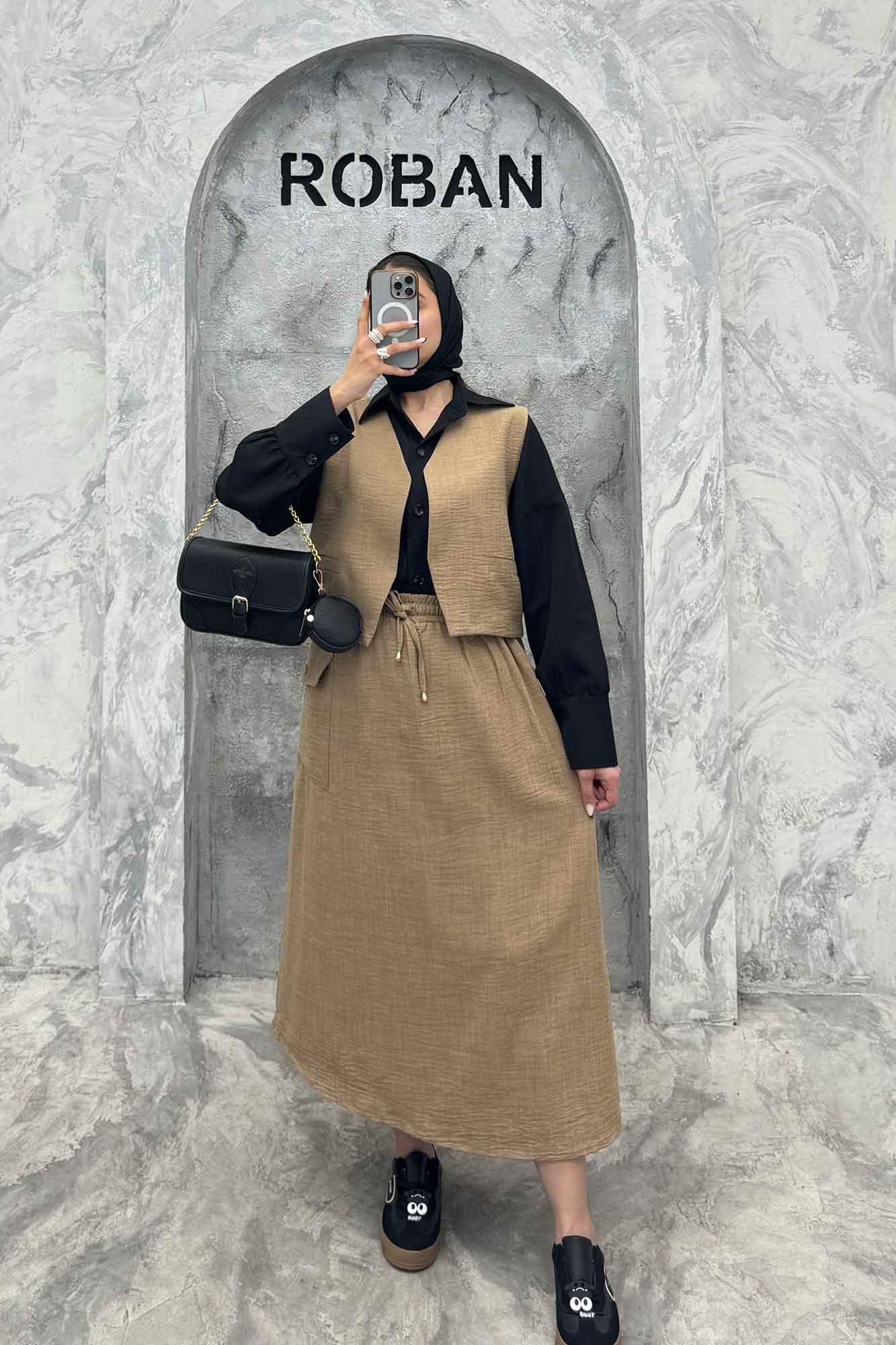 ست جلیقه و دامن شانتون تک جیب پاکتی