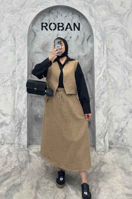 ست جلیقه و دامن شانتون تک جیب پاکتی