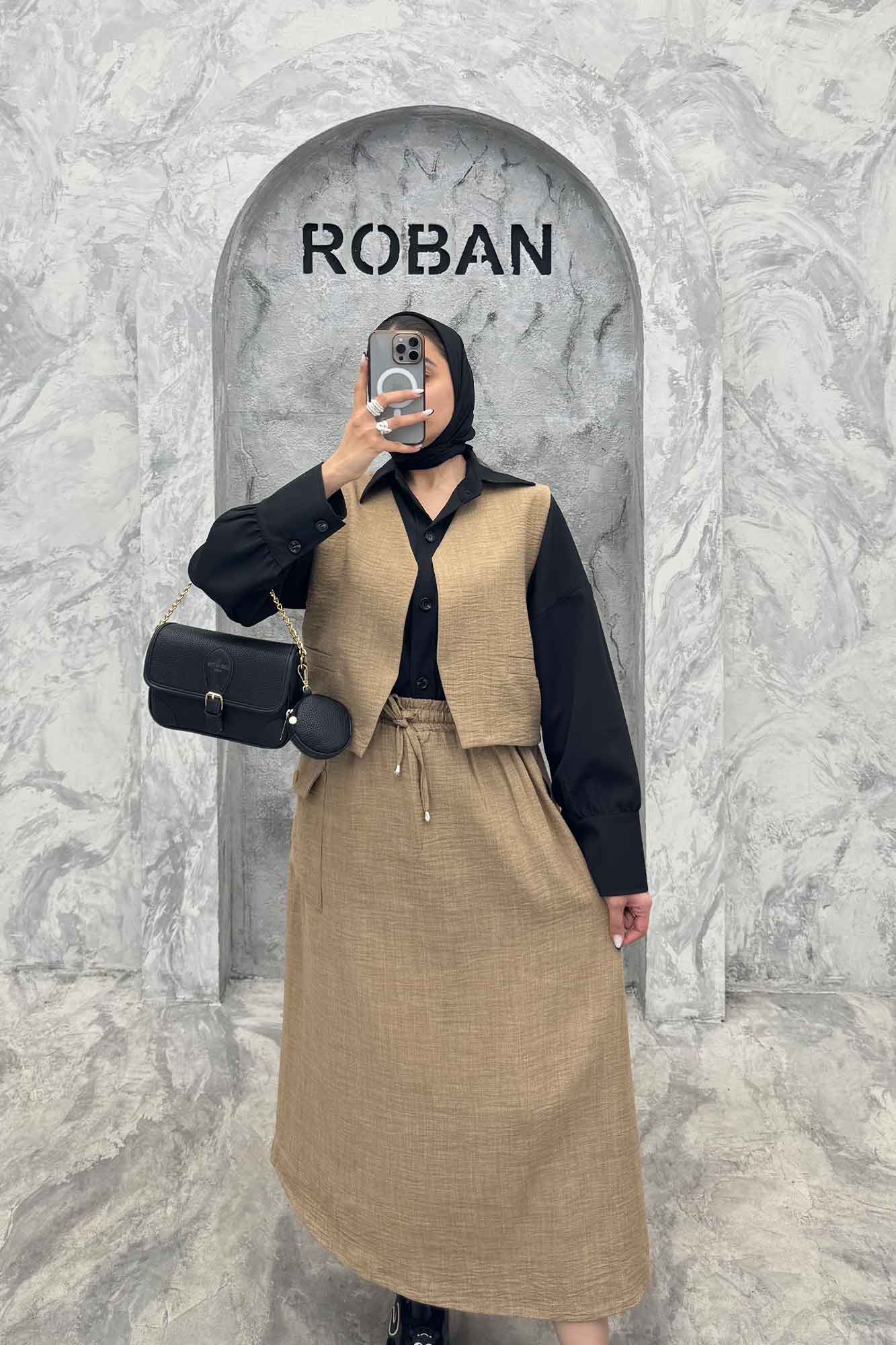 ست جلیقه و دامن شانتون تک جیب پاکتی