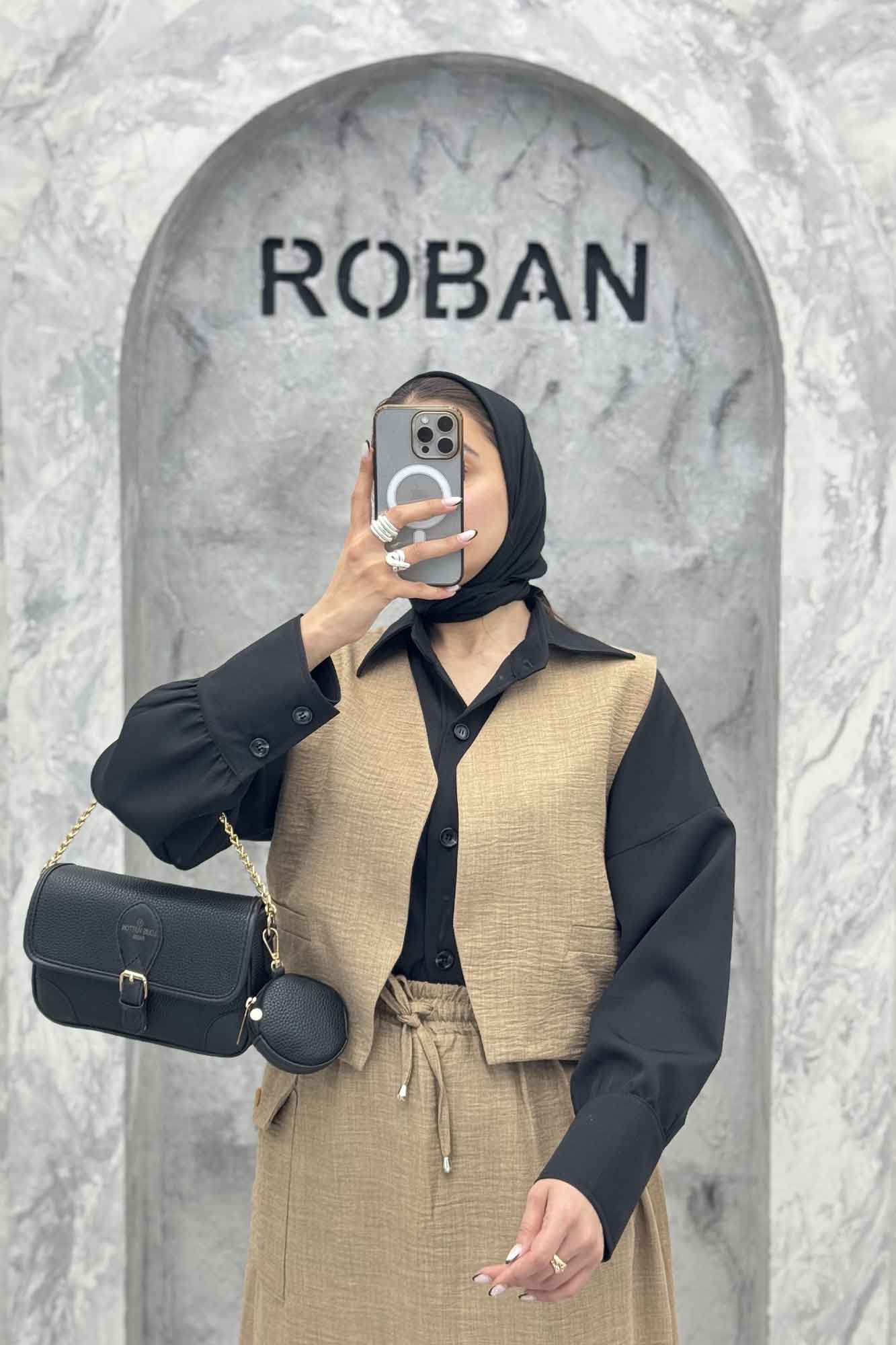 ست جلیقه و دامن شانتون تک جیب پاکتی