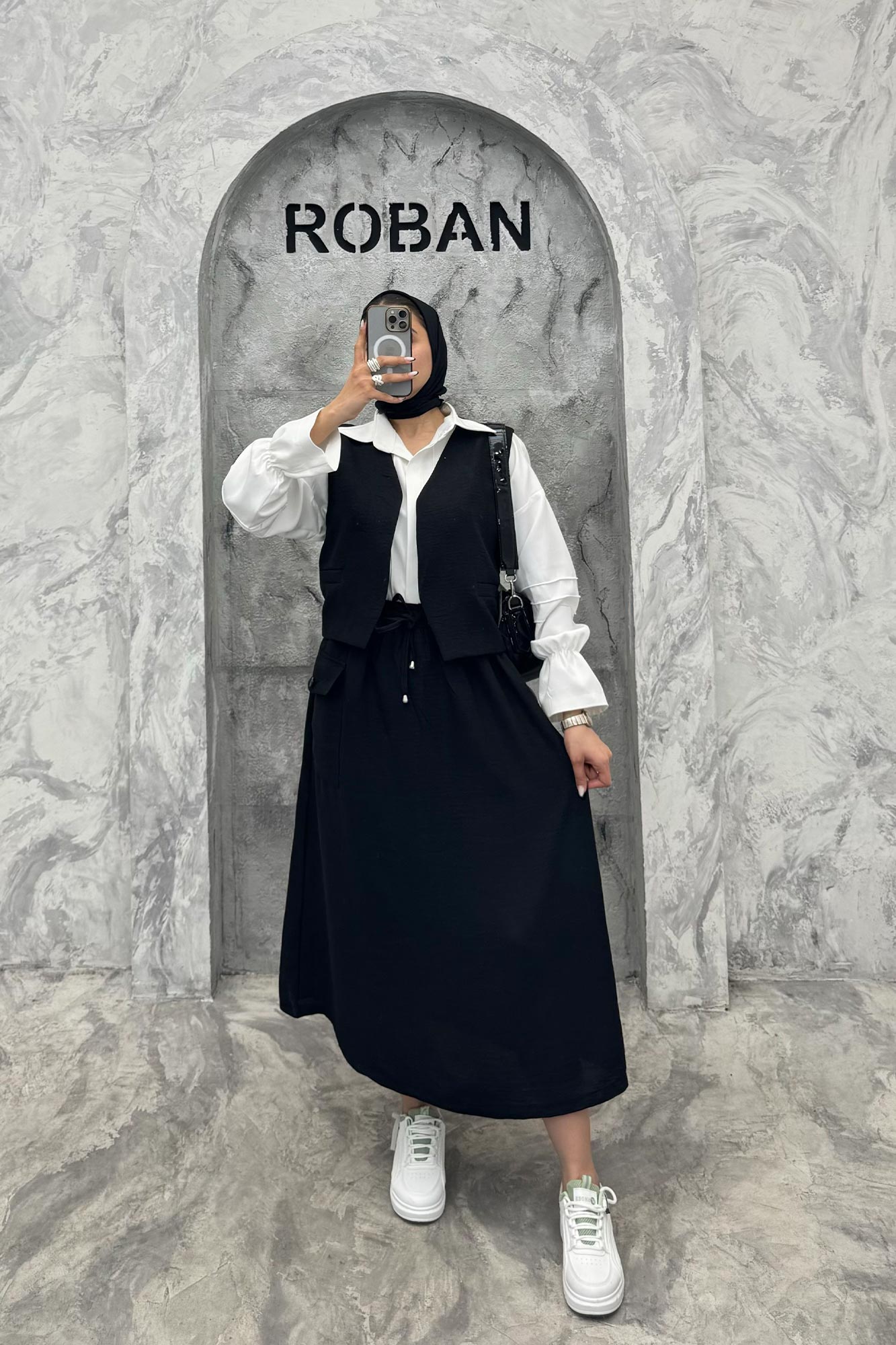 ست جلیقه و دامن شانتون تک جیب پاکتی