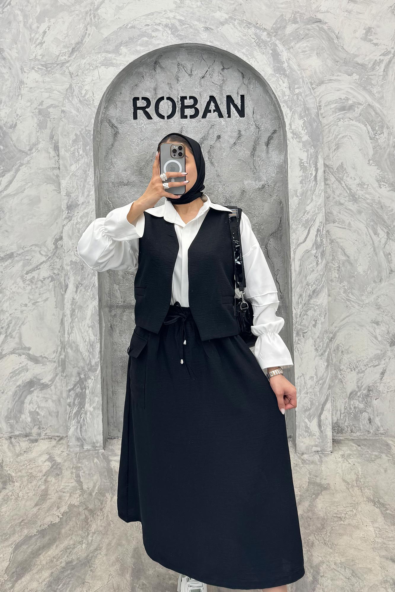 ست جلیقه و دامن شانتون تک جیب پاکتی