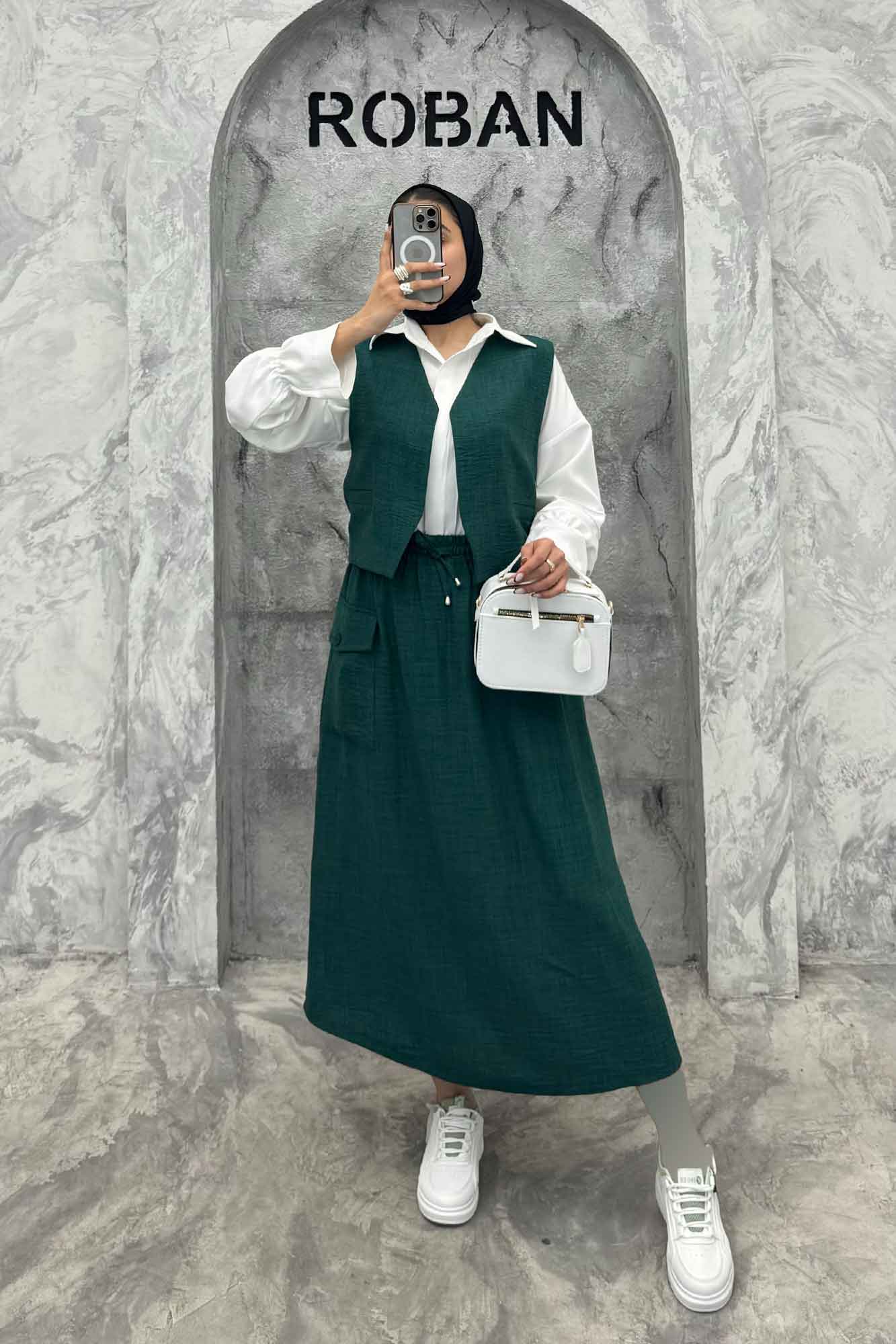 ست جلیقه و دامن شانتون تک جیب پاکتی