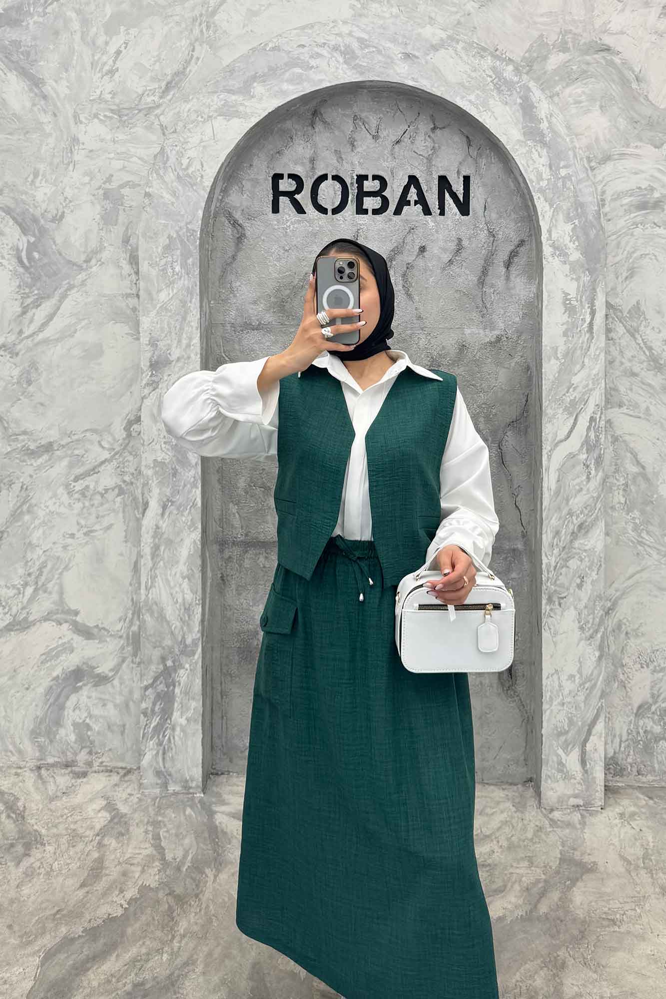 ست جلیقه و دامن شانتون تک جیب پاکتی