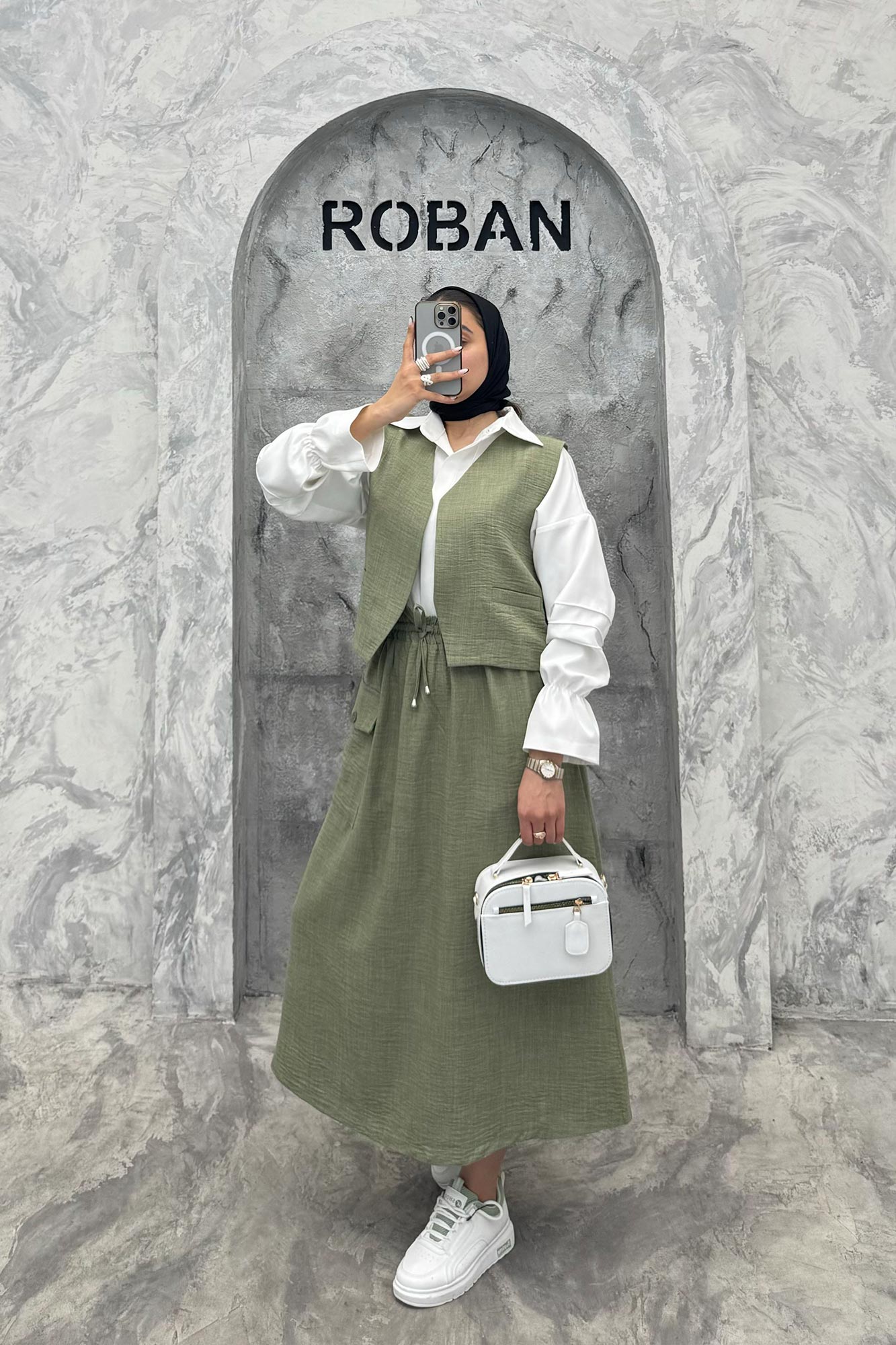 ست جلیقه و دامن شانتون تک جیب پاکتی