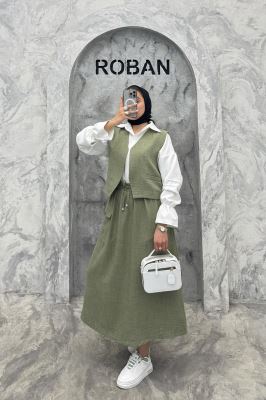 ست جلیقه و دامن شانتون تک جیب پاکتی