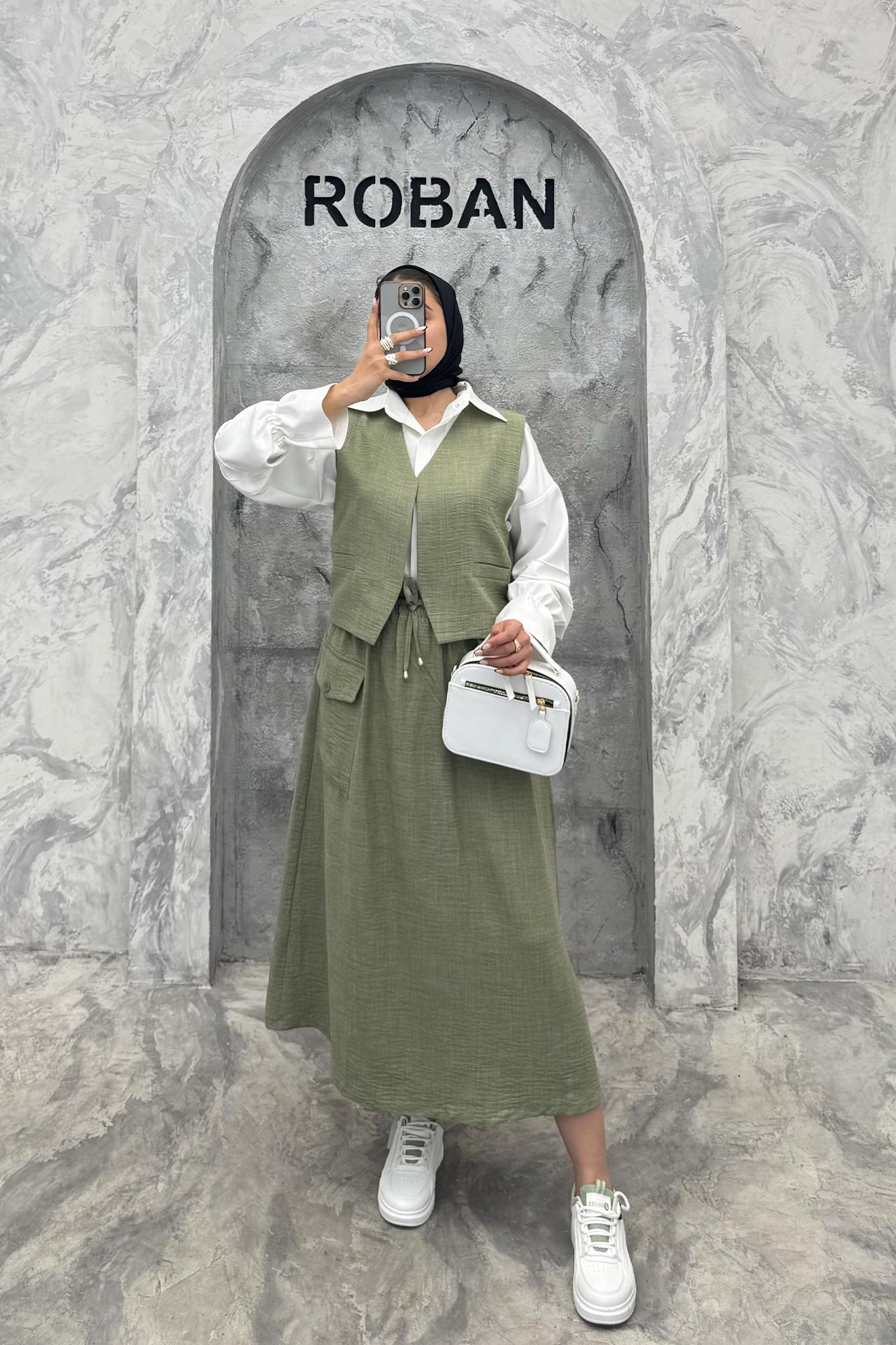 ست جلیقه و دامن شانتون تک جیب پاکتی