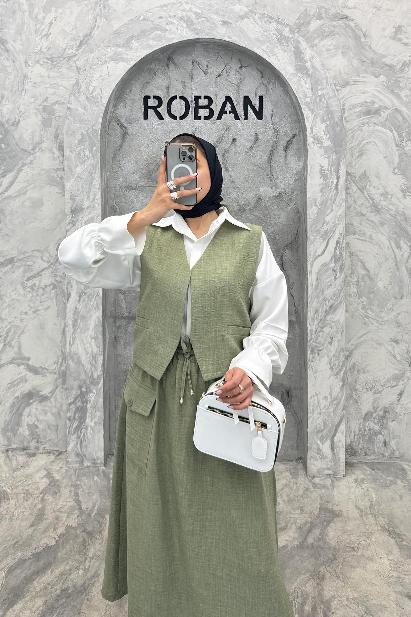 ست جلیقه و دامن شانتون تک جیب پاکتی