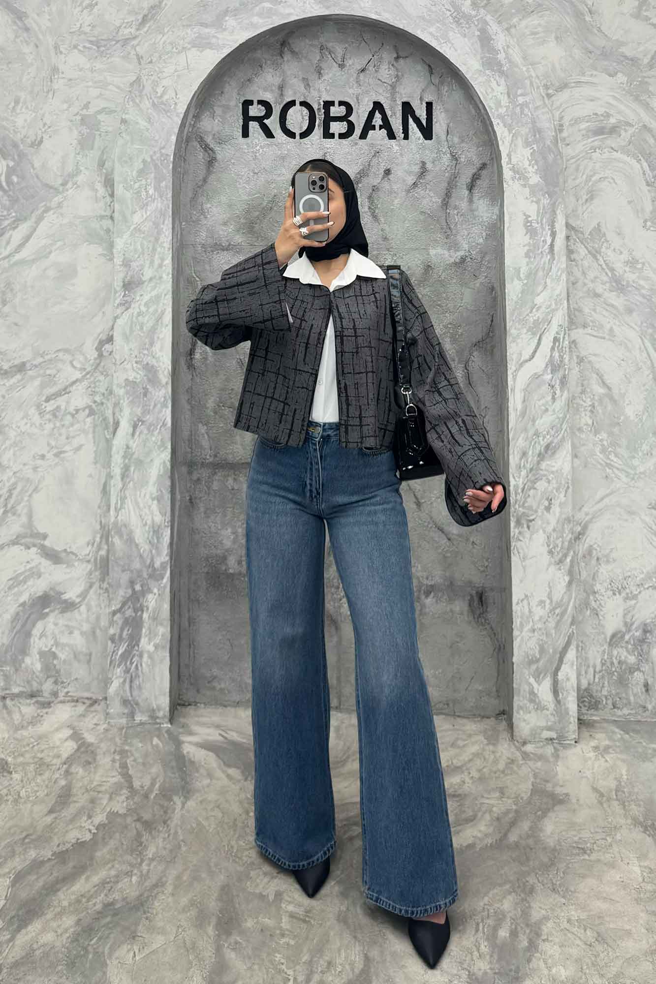 کت کراپ مینیمال ژاکارد مغزی دوزی