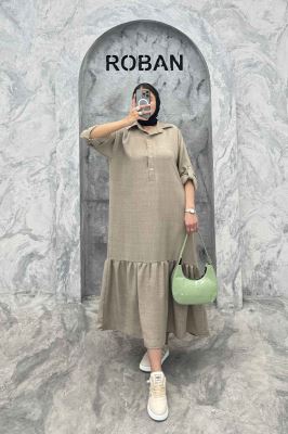 پیراهن شانتون بلند یقه بلیطی پایین چین دار