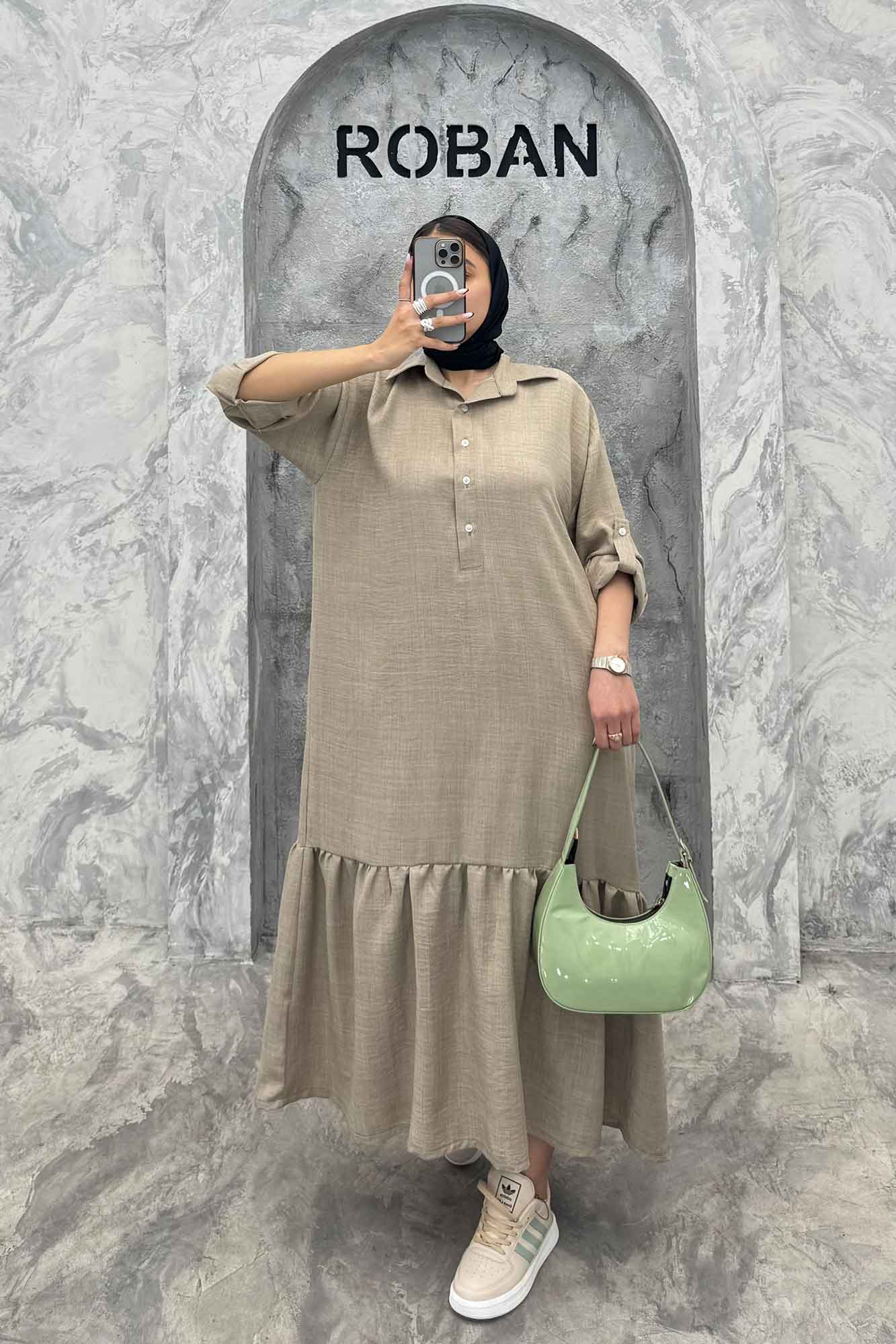 پیراهن شانتون بلند یقه بلیطی پایین چین دار