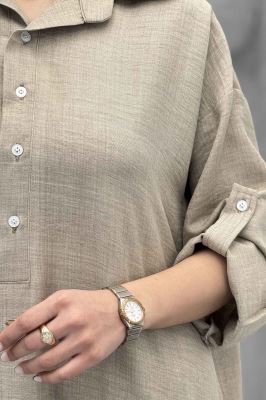 پیراهن شانتون بلند یقه بلیطی پایین چین دار