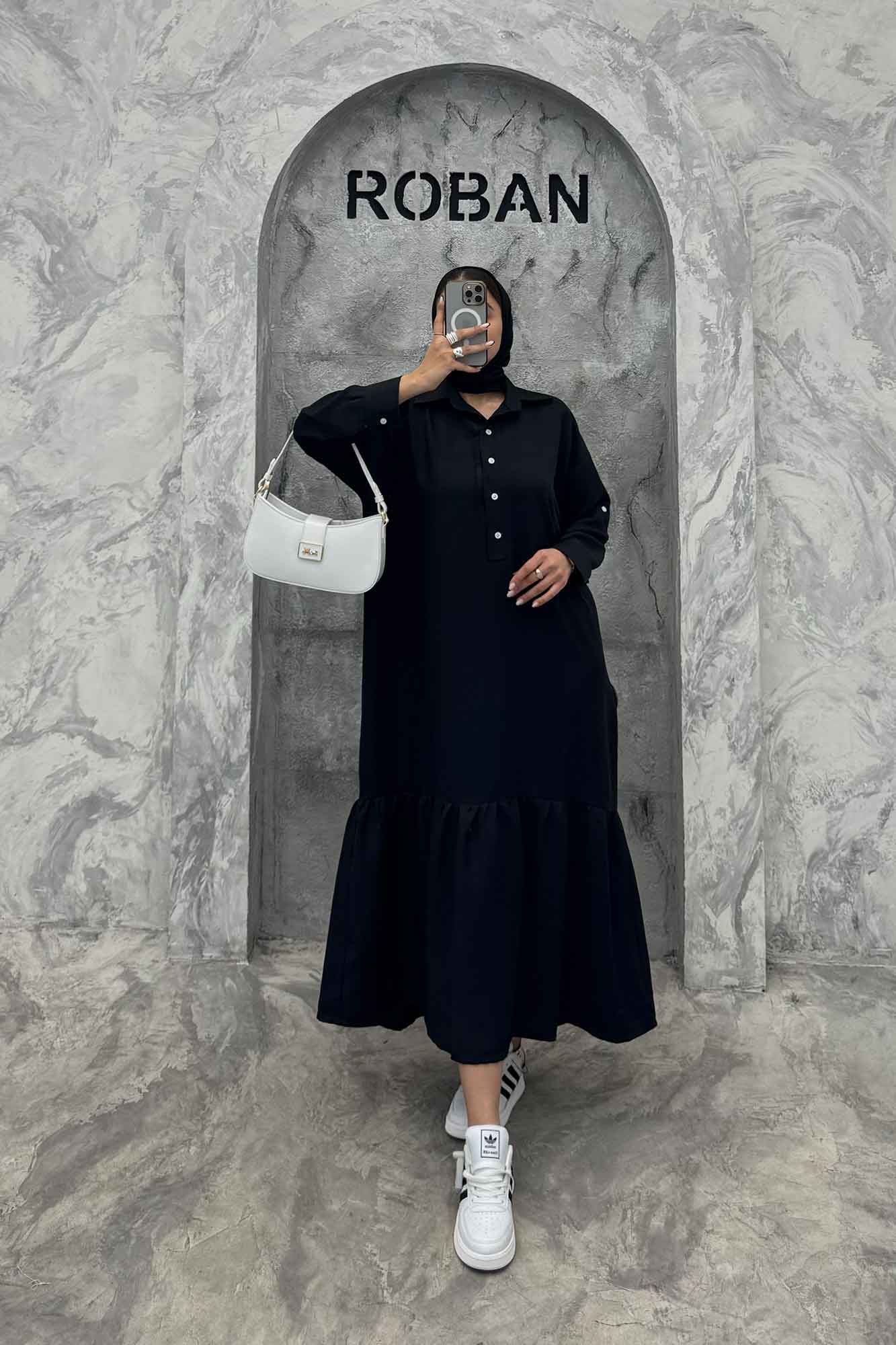 پیراهن شانتون بلند یقه بلیطی پایین چین دار