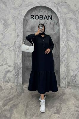 پیراهن شانتون بلند یقه بلیطی پایین چین دار