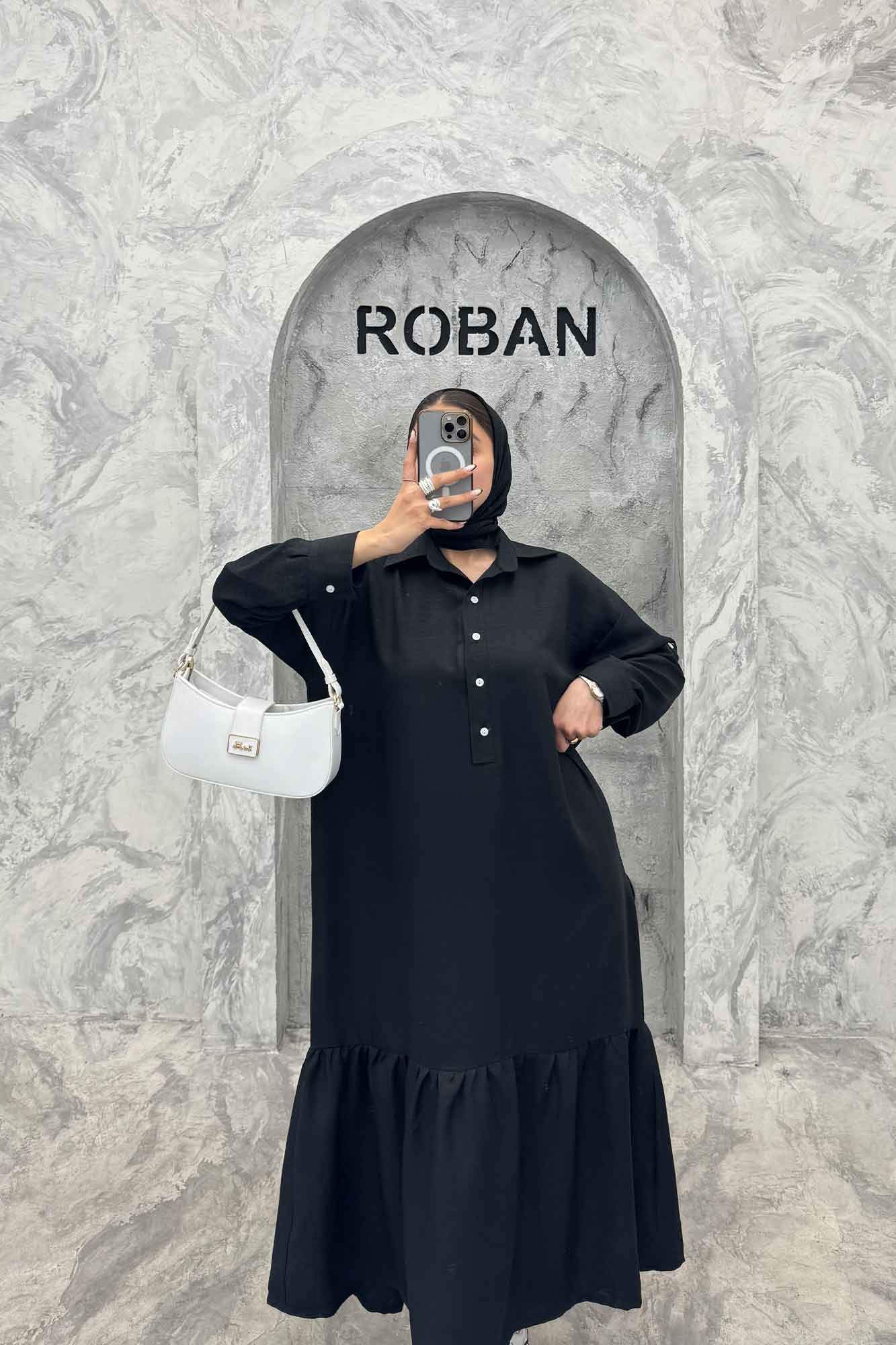 پیراهن شانتون بلند یقه بلیطی پایین چین دار