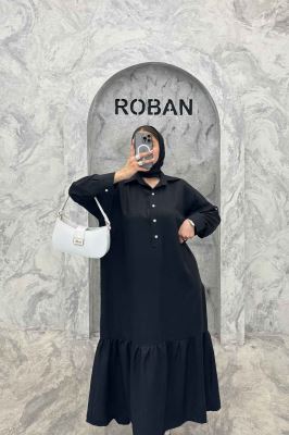 پیراهن شانتون بلند یقه بلیطی پایین چین دار