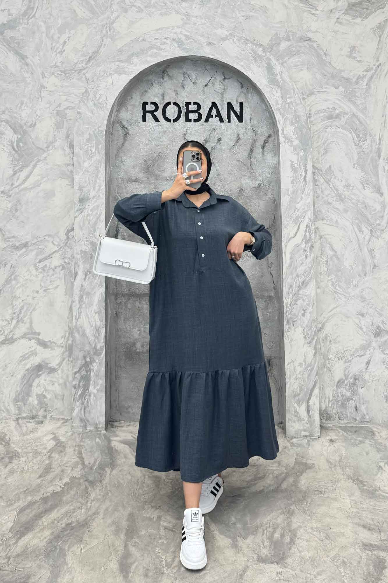 پیراهن شانتون بلند یقه بلیطی پایین چین دار