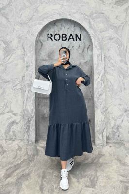 پیراهن شانتون بلند یقه بلیطی پایین چین دار