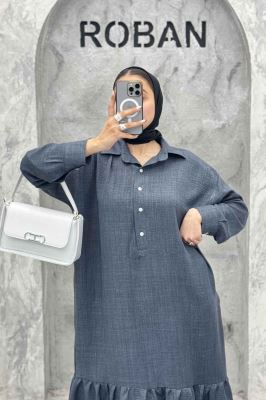 پیراهن شانتون بلند یقه بلیطی پایین چین دار