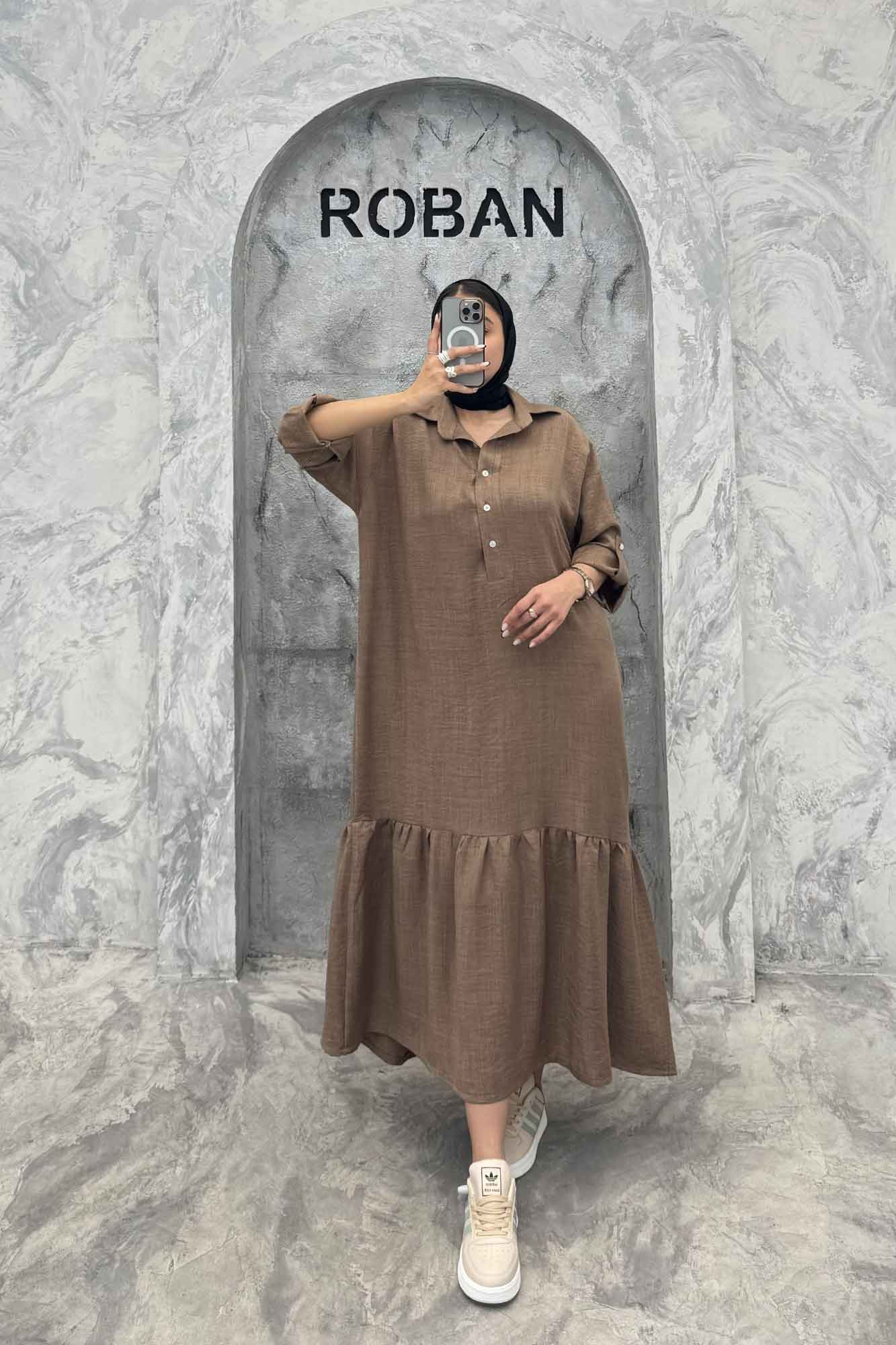 پیراهن شانتون بلند یقه بلیطی پایین چین دار