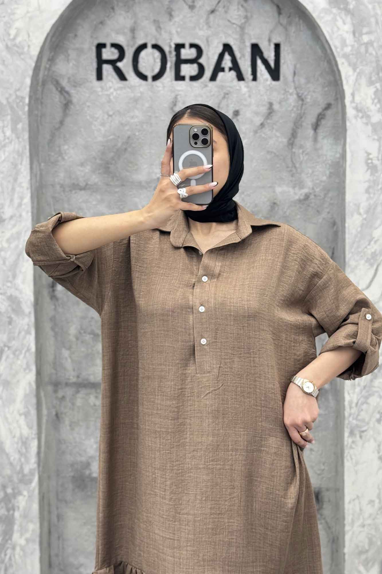 پیراهن شانتون بلند یقه بلیطی پایین چین دار