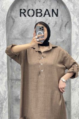 پیراهن شانتون بلند یقه بلیطی پایین چین دار