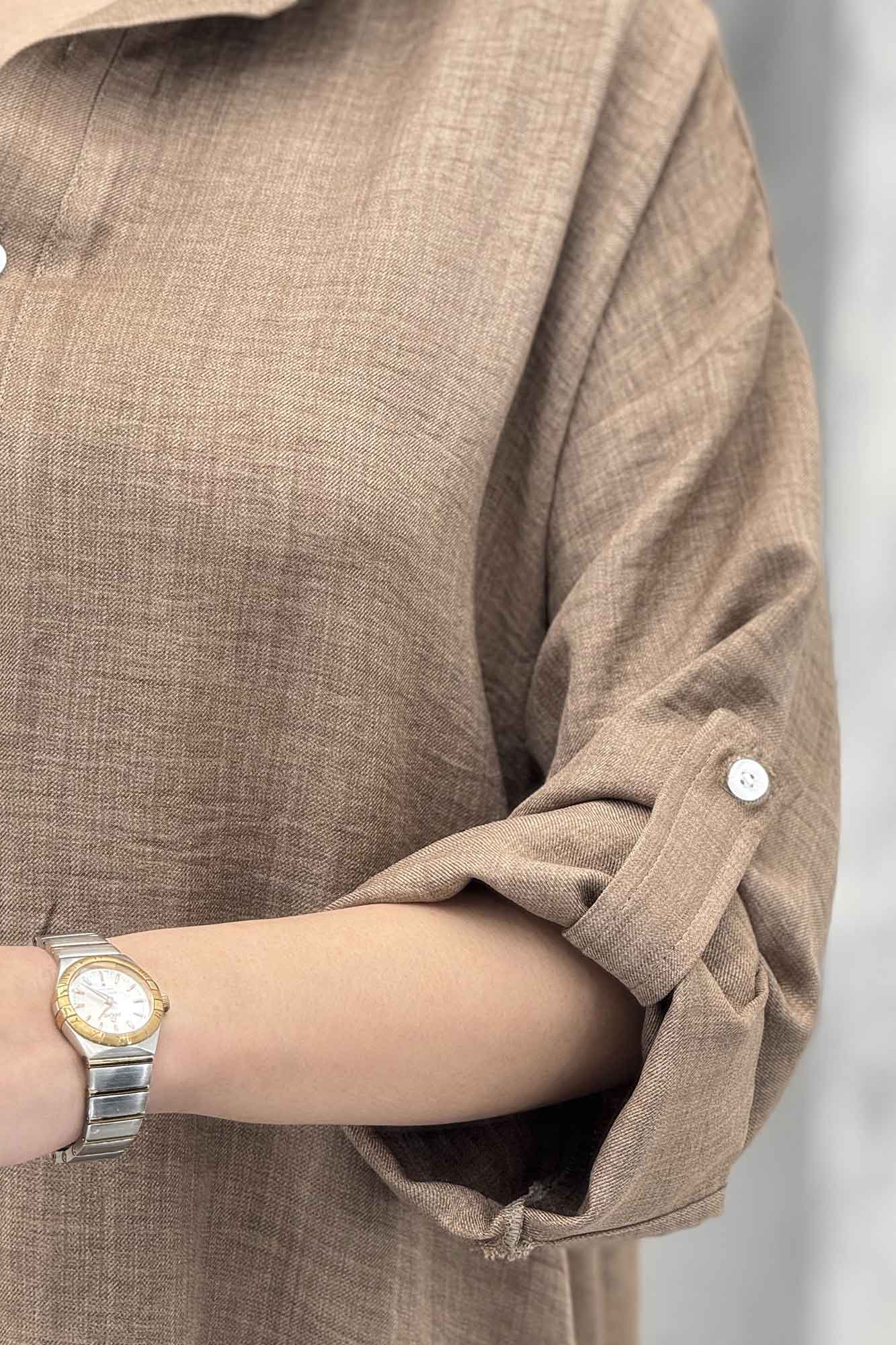 پیراهن شانتون بلند یقه بلیطی پایین چین دار