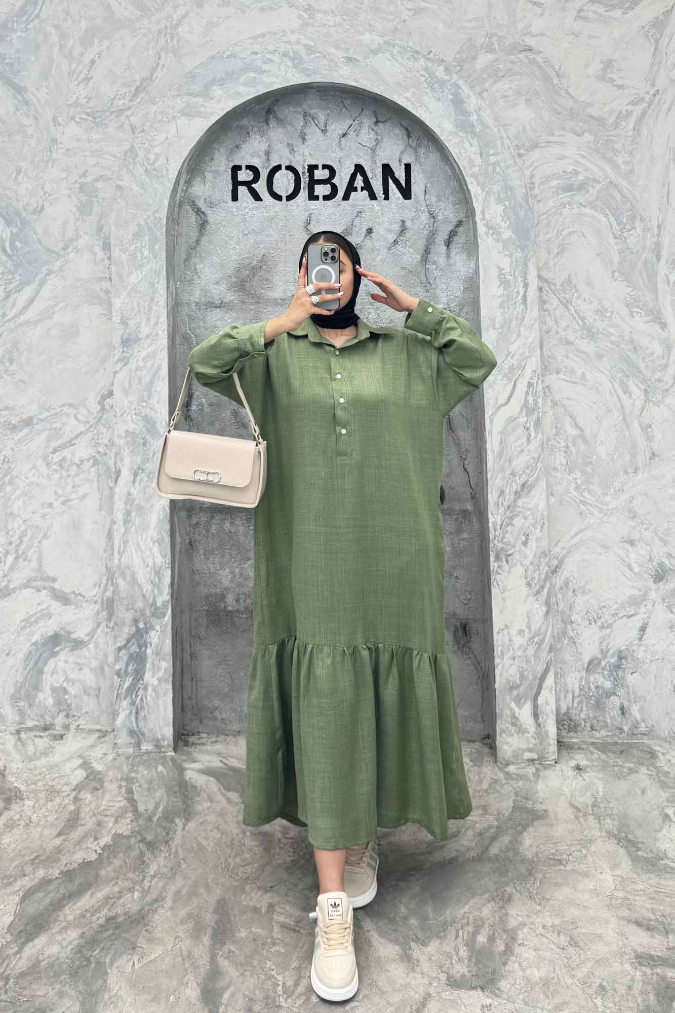 پیراهن شانتون بلند یقه بلیطی پایین چین دار