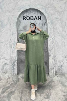 پیراهن شانتون بلند یقه بلیطی پایین چین دار