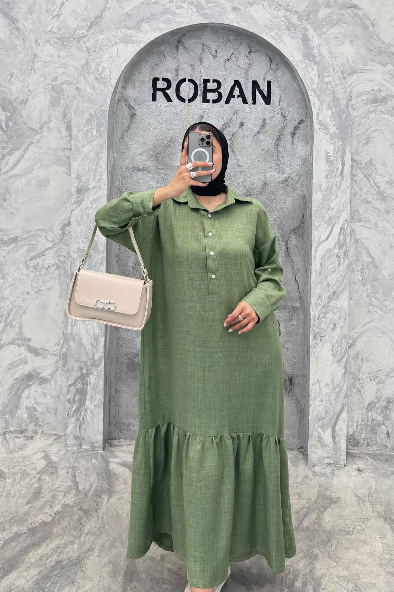 پیراهن شانتون بلند یقه بلیطی پایین چین دار