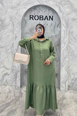 پیراهن شانتون بلند یقه بلیطی پایین چین دار