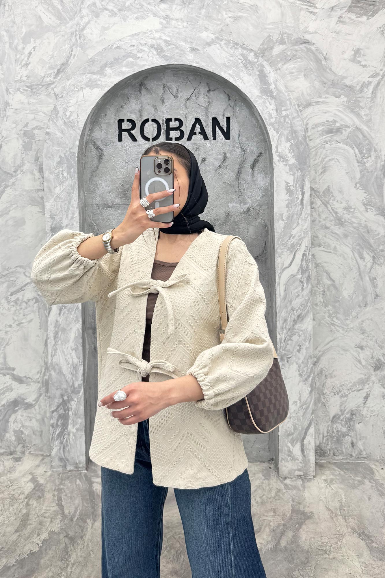 کت کتان ژاکارد جلو بنددار