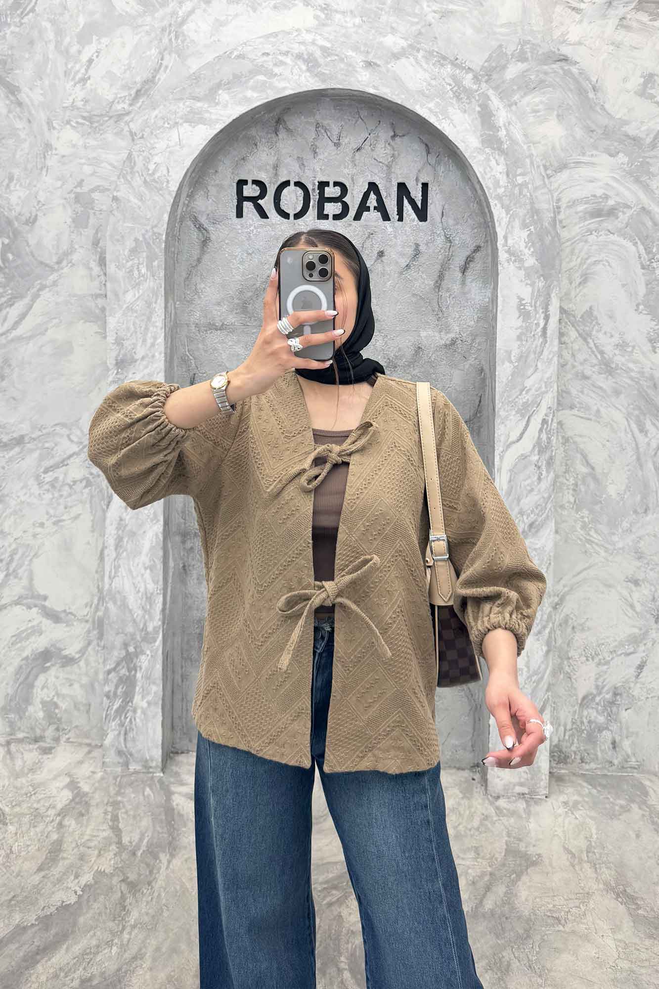 کت کتان ژاکارد جلو بنددار